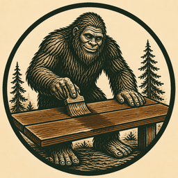 Bigfoot Wood Care — a woodcut of Bigfoot staining a cedar board